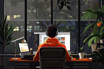 A web developer is coding websites on a computer in a sleek and contemporary home office. Simple and minimalist flat Vector Illustration