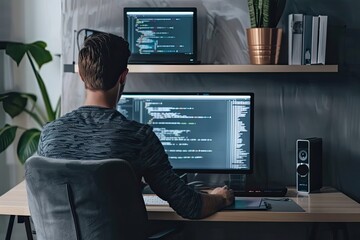 Wall Mural - A web developer is coding websites on a computer in a sleek and contemporary home office. Simple and minimalist flat Vector Illustration