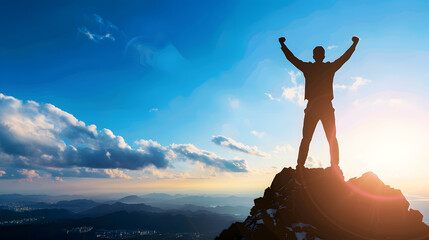 Silhouette of businessman celebrating raising arms on the top of mountain with over blue sky and sunlightconcept of leadership successful achievement with goalgrowthupwin and objective : Generative AI