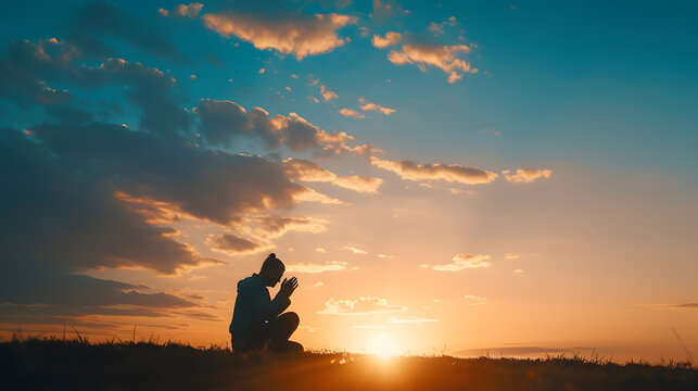 Silhouette of man kneeling down praying for worship God at sky background Christians pray to jesus christ for calmness In morning people got to a quiet place and prayed copy space : Generative AI