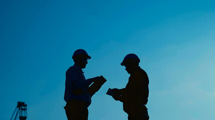 Silhouettes of an engineer with a tablet in his hands and a construction worker in a hard hat against the blue sky stand opposite each other : Generative AI