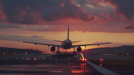 Poster - Plane goes on takeoff at sunset Landing plane at sunset Cloudy sky : Generative AI
