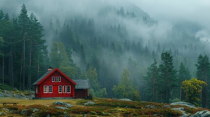 isolated house in the mountain with fog, northern european farm in the countryside