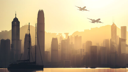 Aufkleber - Urban landscape with silhouettes of skyscraper buildings and a city with a plane taking off in the sky in the foreground of a yacht in the bay : Generative AI