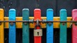 © LukaszDesign - Colorful fence with closed lock set against a black backdrop
