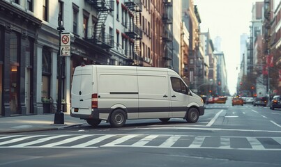 Naklejka na meble a white van drives down a city street lined with tall buildings, passing a red and white sign and a white line, with a gray sidewalk in the foreground