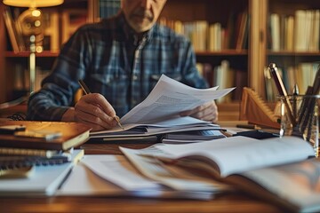 Wall Mural - An editor is proofreading manuscripts at a desk in a tidy and efficient home office setup