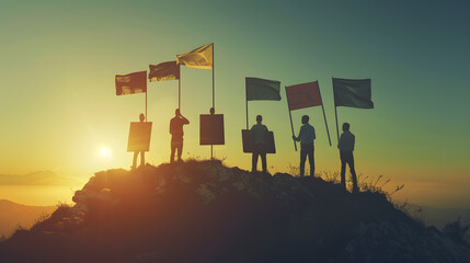 Aufkleber - Goal setting towards planning for the future Silhouettes of group businessmen holding target boards with flags planted on a mountain Concept of a clear planning process and teamwork : Generative AI
