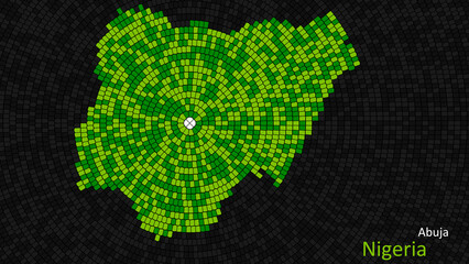 a map of nigeria is presented as a mosaic with a dark background, and the country's borders are outl