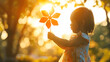 © Generative AI - kid run pinwheel little baby girl silhouette play with windmill toy wind in the park happy family kid dream concept baby girl play toy pinwheel glare of the sun at sunset in the park f : Generative AI