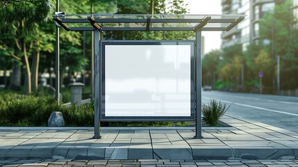 Aufkleber - bus shelter at busstop blank white lightbox empty billboard bus shelter ad glass and aluminum structure transit station urban setting city street background stone sidewalk base for moc : Generative AI