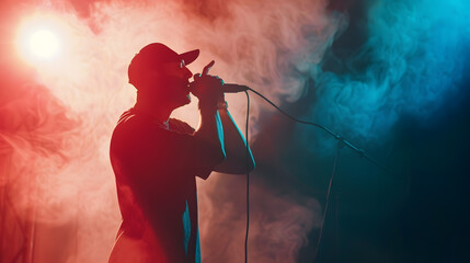 Poster - Street style singer gesturing with hand on stage against dark background Spotlight and smoke creating silhouette effect Concept f music and dance lifestyle festivals concerts selfexpre : Generative AI