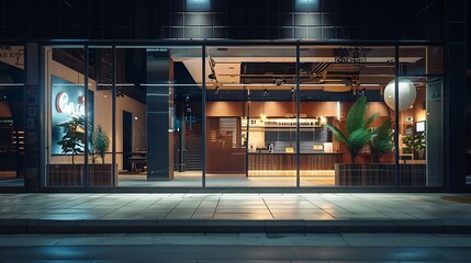 Poster - Blank mock up of store street showcase window in a city at night : Generative AI