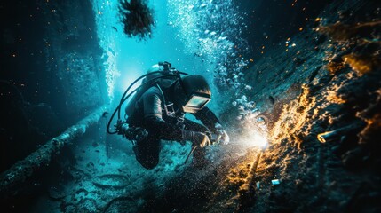 Wall Mural - Underwater welders working at Sparks turn on lights on the seabed to repair submerged structures. Underwater welding by professional divers