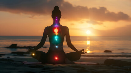 woman in yoga pose on beach sunset view glowing seven all chakra kundalini energy girl practicing me