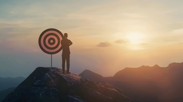 Silhouette of businessman holding a target board on top of mountain Concept of aim and objective achievement : Generative AI