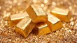 © Glory - A close-up photo of a pile of gold bars sitting on top of a pile of gold dust. The gold bars are rectangular.