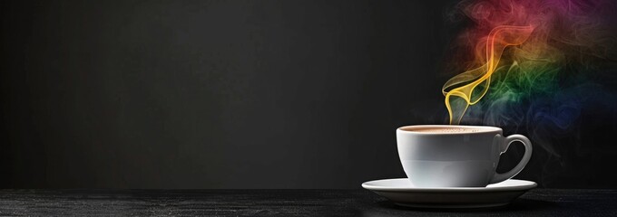 Wall Mural - photorealistic coffee cup with rainbow color and steam on black background