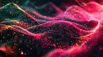 Poster - Flowing data streams with glowing particles in a dark digital background