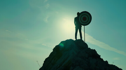 Leinwandbilder - Silhouette of businessman holding a target board on top of mountain Concept of aim and objective achievement : Generative AI