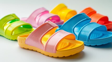 Close-up of colorful, pillow-soft foam sandals for toddlers, in bright and fun colors, ideal for children's fashion ads, isolated background