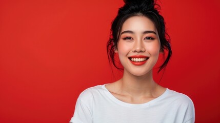 Wall Mural - portrait of beautiful asian woman wearing white tshirt, red background, smile face with bright makeup and perfect teeth, hair in bun style