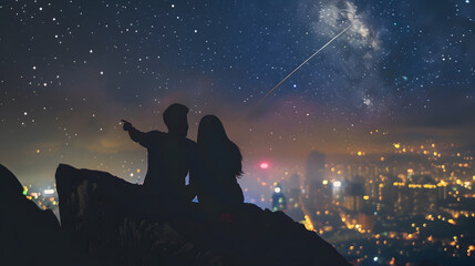 silhouettes of a couple sitting on the top of the mountain looking and pointing out at shooting star