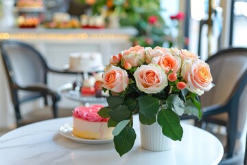 Wall Mural - Abeautiful bouquet of roses in a cafe near a delicious dessert and cakes.