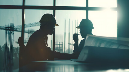 Poster - Silhouette engineer and architect are planning or consulting the construction of new projects Blueprint for job planning : Generative AI