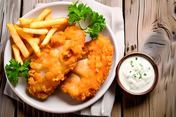 A delicious plate of two golden battered fish fillets served with crispy french fries on a rustic wooden background, creating a mouthwatering meal.