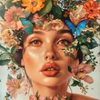 © patypixie - Una bella mujer con labios grandes  y un hermoso tocado de flores coloridas