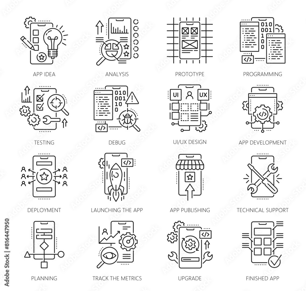 Web app develop and optimization icons. Mobile application coding and ...