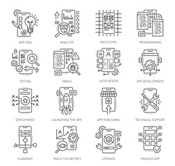 Poster - Web app develop and optimization icons. Mobile application coding and software programming, ui design, analysis and testing thin line signs, vector web technologies. App planning, launching, support