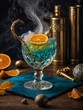 Smoking cocktail glass on a bar counter with a dark background.