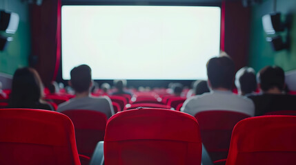 Aufkleber - Cinema blank screen and people in red chairs in the cinema hall Blurred People silhouettes watching movie performance : Generative AI