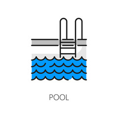 Poster - Pool icon for real estate or house rent amenity and apartments facility, vector color line. Real estate mortgage, insurance and sale outline icon of swimming pool for residential property construction