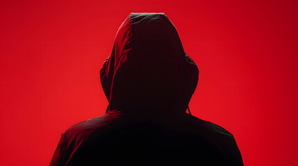 Poster - Silhouette af man without face in hood on a red background Anonymous crime concept : Generative AI