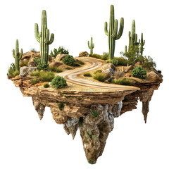 Fantasy island floating. Desert scene with road and cactus isolated on transparent background.