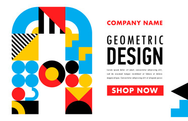 Aufkleber - Abstract geometric modern business poster. Creative landing page with graphic pattern. Vector web banner template in bright blue, white, red, yellow, black colors. Website layout with shop now button