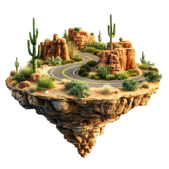 fantasy island floating. desert scene with road and cactus isolated on transparent background.