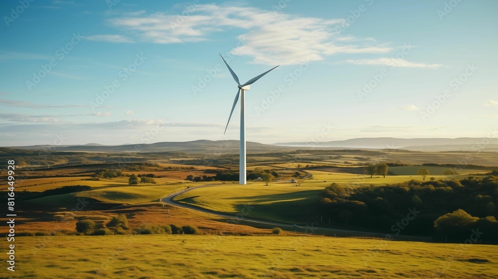 Aerial view of a wind turbine in a field. Green energy and renewable ...