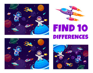 Poster - Kids game to find ten differences on galaxy space landscape, vector worksheet quiz. Find ten differences game with kid astronaut spaceman with alien UFO saucer and rocket spaceship in galaxy sky