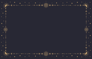 fantasy mystic celestial frame. vector background with golden border contains mystical esoteric sun,