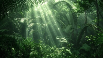 A dense jungle, full of trees and vegetation with dark green colors and volumetric lighting.