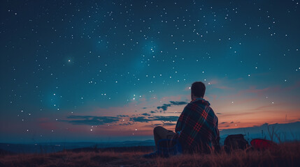 man contemplates night sky from hilltop