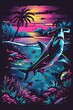 Vibrant Tropical Hammerhead Shark Underwater Scene with Lush Island Landscape and Coral Reef in Sunset Colors