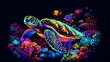 Vibrant Underwater Coral Reef Ecosystem with Gliding Sea Turtle in Synthwave Esports Logo Style