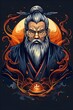 Wise Old Mystic Sorcerer with Flowing Beard in Robes Surrounded by Swirling Flames and Symbols of Enlightenment on Dark Background Esports Style