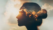 © Generative AI - Psychology and woman mental health and weather dependent concept Multiple exposure clouds and sun on female head silhouette : Generative AI