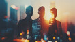 © Generative AI - Silhouettes of three confident managers standing together in blurry abstract city with double exposure of cityscape and their team Concept of leadership and international business Tone : Generative AI